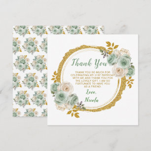 Carte De Remerciements Sage Green et or Fleurs élégantes Fête d'anniversa