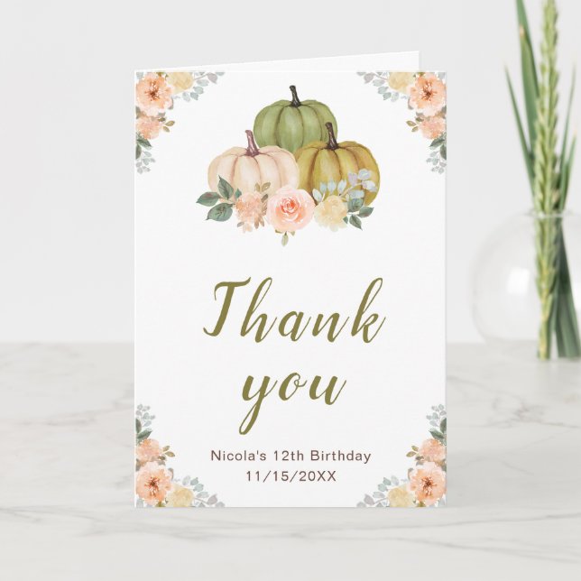 Carte De Remerciements Sage Green et Peach Floral Citrouille Anniversaire (Devant)