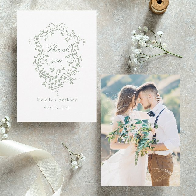 Carte De Remerciements Sage Green Floral Crest Mariage Photo (Front & Back)