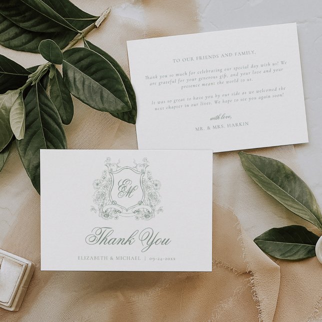 Carte De Remerciements Sage Green Floral Crest Monogramme Mariage élégant (Créateur téléchargé)