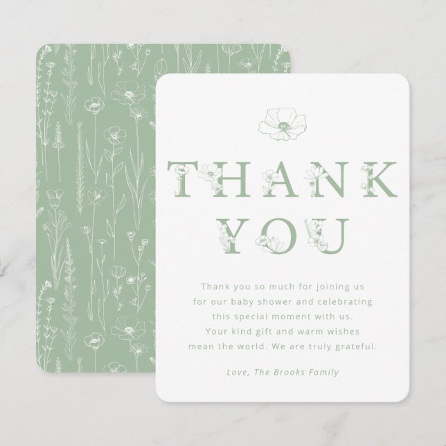 Carte De Remerciements Sage Green Floral Thank You Card | Baby Shower (Devant / Derrière)
