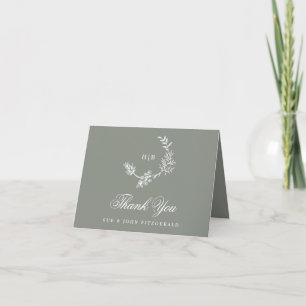 Carte De Remerciements Sage Green Monogram Wreath Classic Photo Mariage