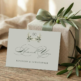 Carte De Remerciements Sage Green Olive Branch Monogram Wedding