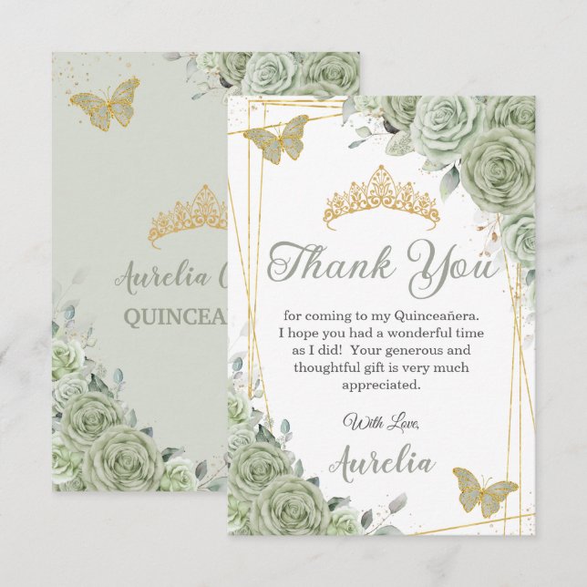 Carte De Remerciements Sage Green Papillons Floraux Quinceañera Sweet 16 (Devant / Derrière)