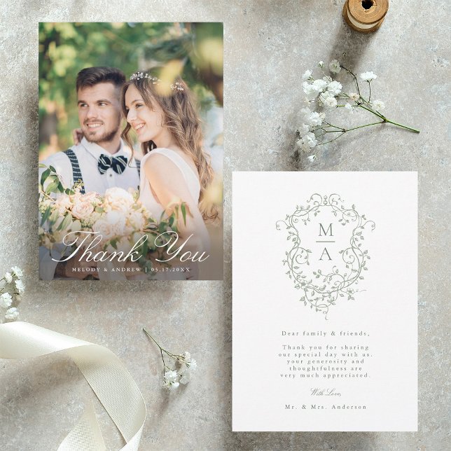 Carte De Remerciements Sage Green Romantique Français Floral Crest Photo (Front & Back)