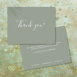 Carte De Remerciements Sage Green Silver Heart Chic Script Business