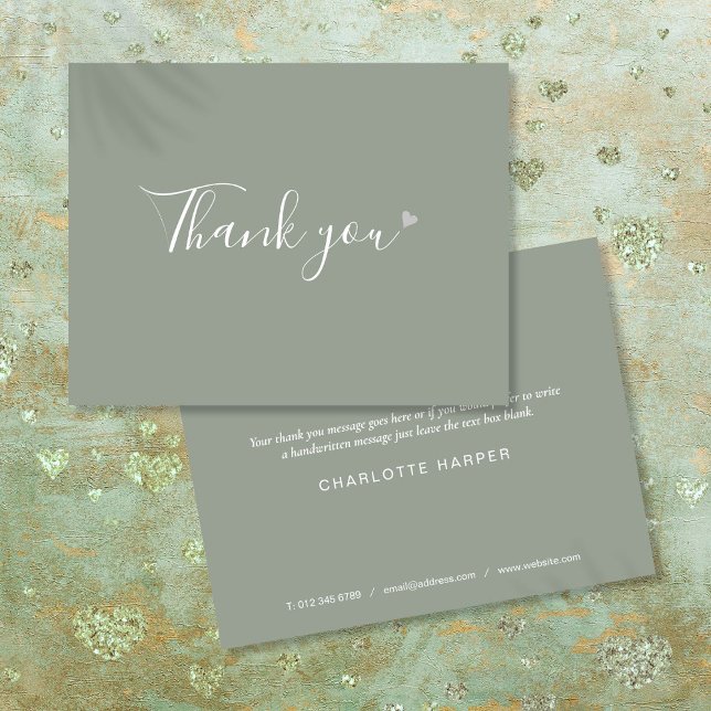 Carte De Remerciements Sage Green Silver Heart Chic Script Business (Sage Green Silver Heart Chic Script Business Thank You Card)