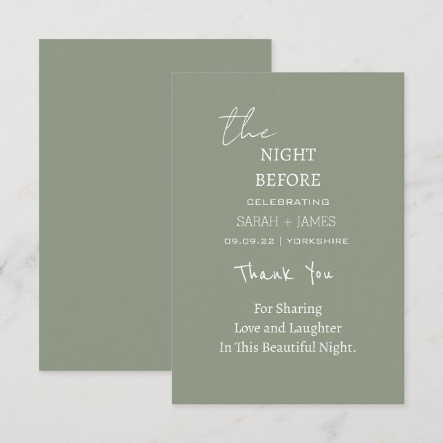 Carte De Remerciements Sage moderne Vert la nuit avant le Mariage (Devant / Derrière)