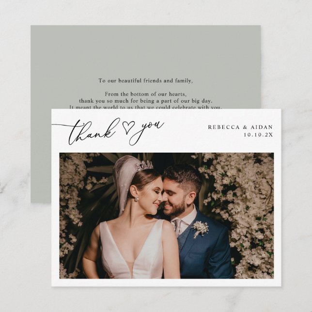 Carte De Remerciements Sage rustique Vert Script Coeur Mariage Photo (Devant / Derrière)