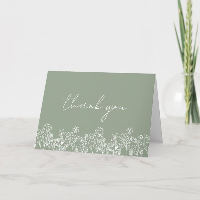 Carte De Remerciements Sage Vert Fête de Mariage aux Fleurs Sauvages (Devant)