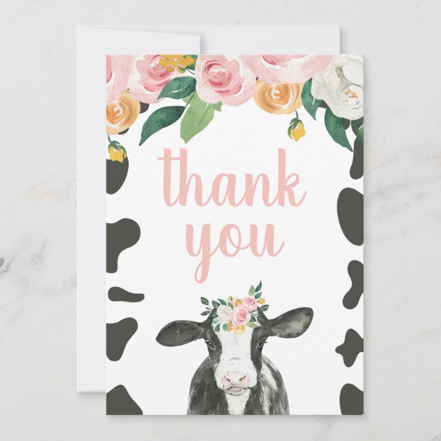 Carte De Remerciements Saint Vache rose En vichy floral Anniversaire Merc (Devant)