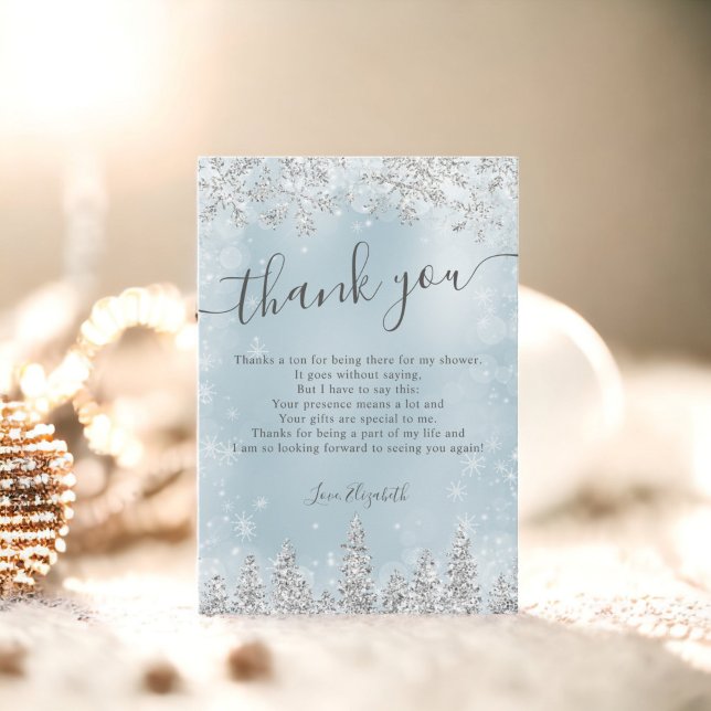 Carte De Remerciements Salle de neige bleu glace argentée pour une baby s (Silver ice blue snow pine winter bridal shower thank you card)