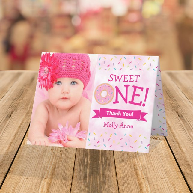Carte De Remerciements Saupoudrer Donut 1er anniversaire fille pliée (Créateur téléchargé)