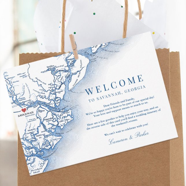 Carte De Remerciements Savannah Géorgie Mariage de la marine (Elegant Savannah Georgia Welcome Letter wedding itinerary thank you card in navy blue )