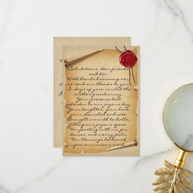 Carte De Remerciements Sceau de cire de parchemin médiéval pour mariage r (Devant/Arrière en situation)