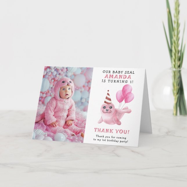 Carte De Remerciements Sceau rose 1er anniversaire sous la mer (Devant)