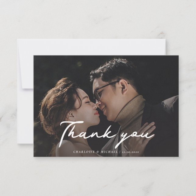Carte De Remerciements Scénario de photos de jour de mariage écrit à la m (Devant)