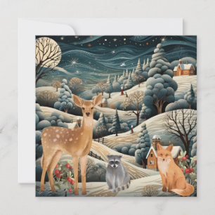 Carte De Remerciements Scène d'hiver Animaux de la forêt de Noël