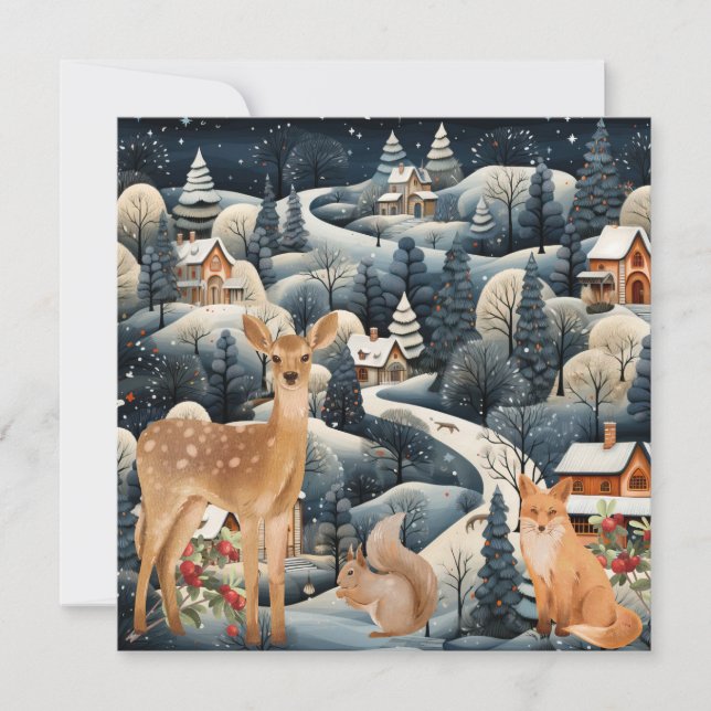 Carte De Remerciements  Scène d'hiver Noël Animaux de la forêt Plat  (Devant)