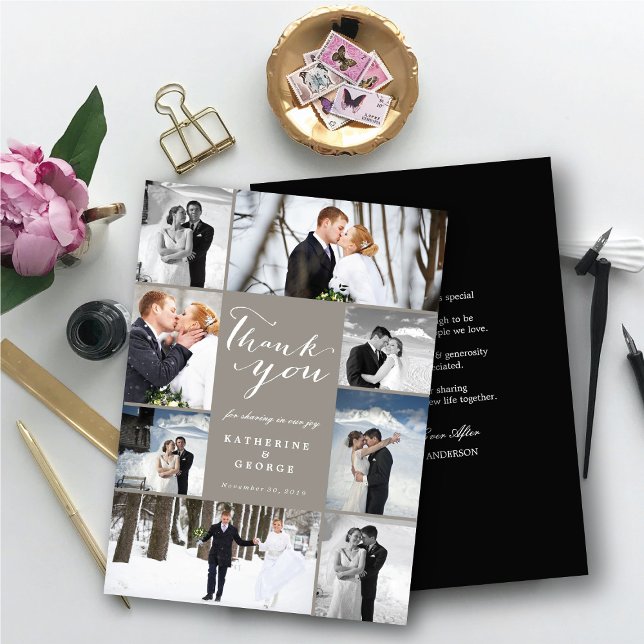 Carte De Remerciements Script classique moderne 8 Multi Photo Mariage élé (Modern Classy Script 8 Multi Photo Collage Stylish Wedding Thank You Card @ fatfatin_blue_knot)