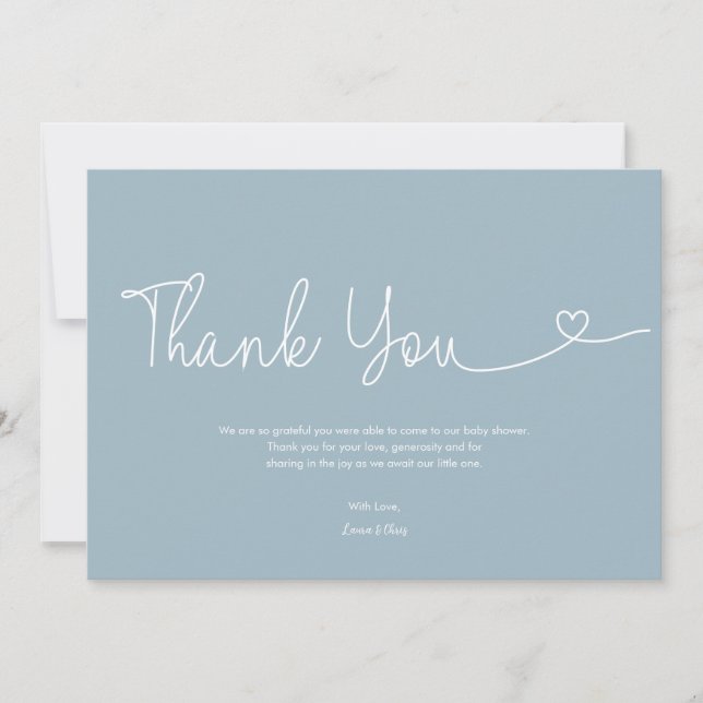 Carte De Remerciements Script cœur pour Baby Shower garçon Dusty Blue  (Devant)