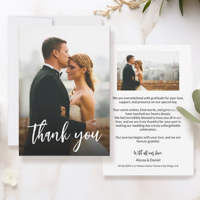 Carte De Remerciements Script Custom 2 Photos Mariages Moderne (Modern handlettering thank you wedding photo.)
