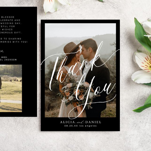 Carte De Remerciements Script de calligraphie moderne 2 photos mariage (Créateur téléchargé)