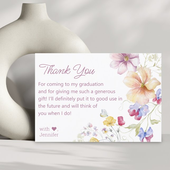 Carte De Remerciements script de graduation rose fleur sauvage aquarelle (Créateur téléchargé)