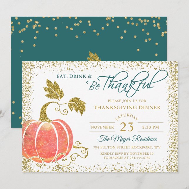 Carte De Remerciements Script Gold Citrouille Thanksgiving Dîner Invitati (Devant / Derrière)