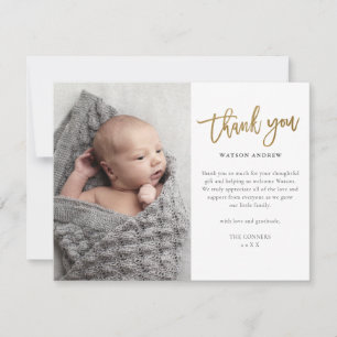 Carte De Remerciements Script Gold moderne 2 Photo Baby