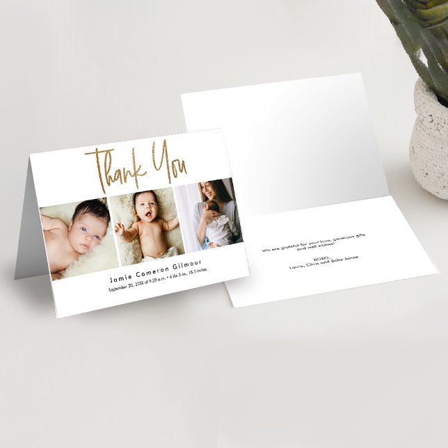 Carte De Remerciements Script Gold moderne Custom 3 photo Baby (Modern 3 photo Gold thank you script birth announcement card)