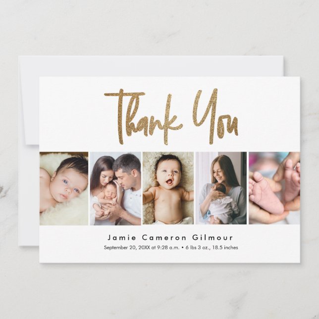 Carte De Remerciements Script Gold moderne Custom 5 photo Baby (Devant)