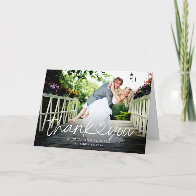 Carte De Remerciements Script Lettré à la main Mariage Photos de coeur (Devant)