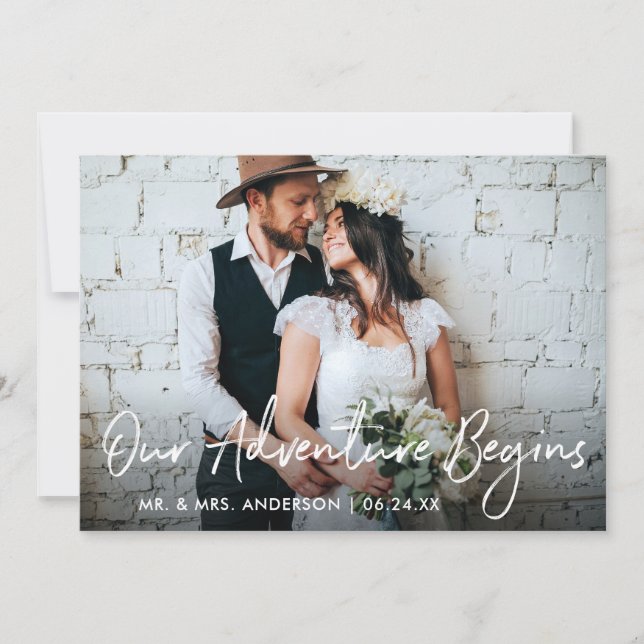 Carte De Remerciements Script manuscrit Notre aventure commence Mariage (Devant)