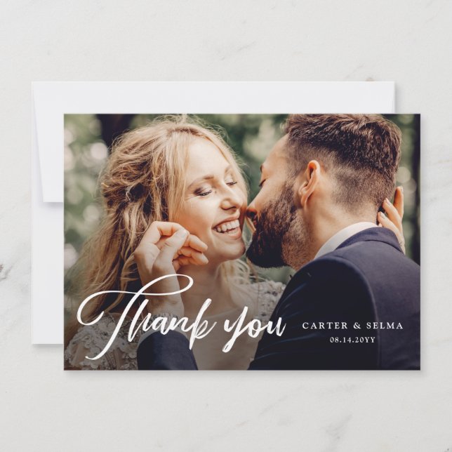 Carte De Remerciements Script minimal Mariage photo moderne (Devant)