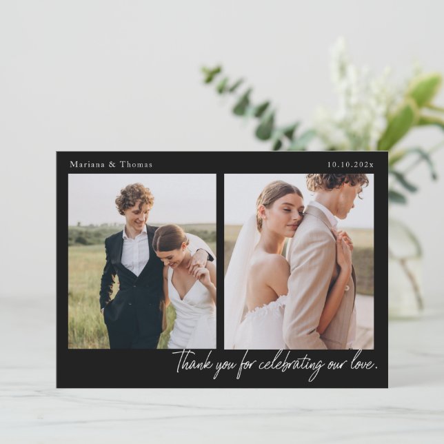 Carte De Remerciements Script Modern Wedding 2 Photos Thank You Card (Debout devant)
