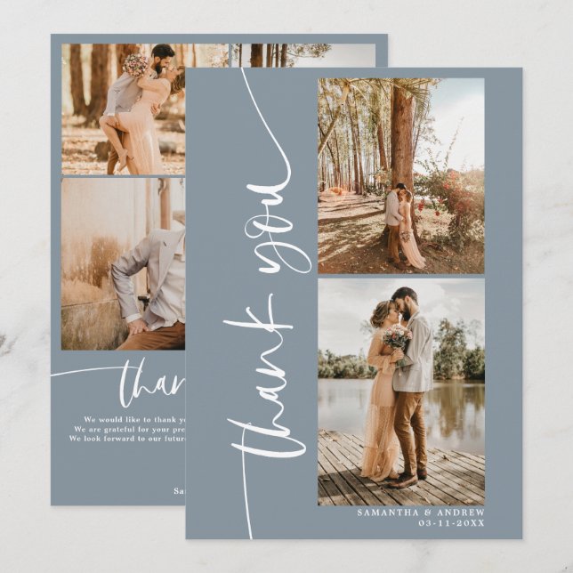 Carte De Remerciements Script moderne 5 photo mariage bleu poussiéreux me (Devant / Derrière)