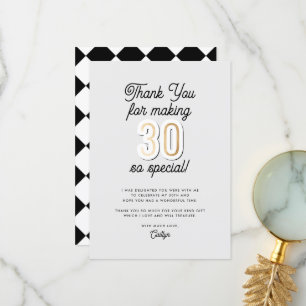 Carte De Remerciements Script moderne Black & Gold 30e anniversaire