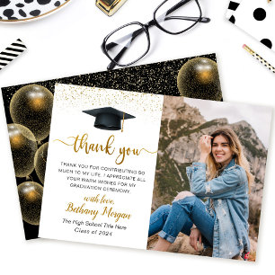 Carte De Remerciements Script moderne Black Gold Balloon Graduation Photo