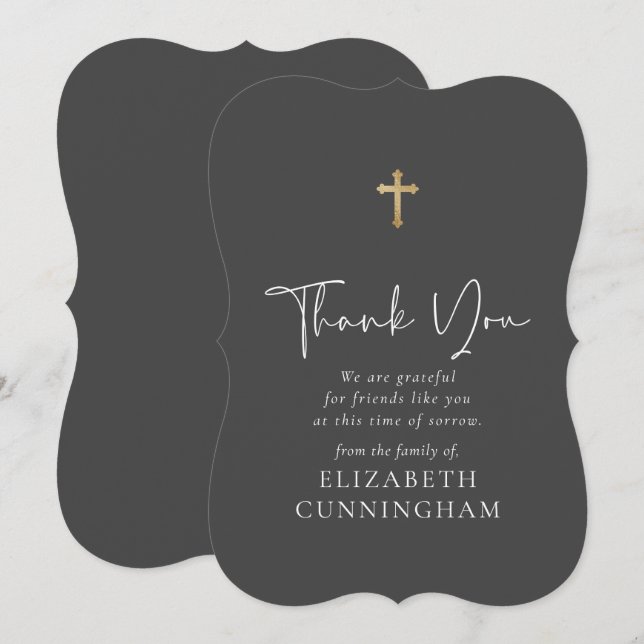 Carte De Remerciements Script moderne Cursive Faux Gold Cross Memorial (Devant / Derrière)