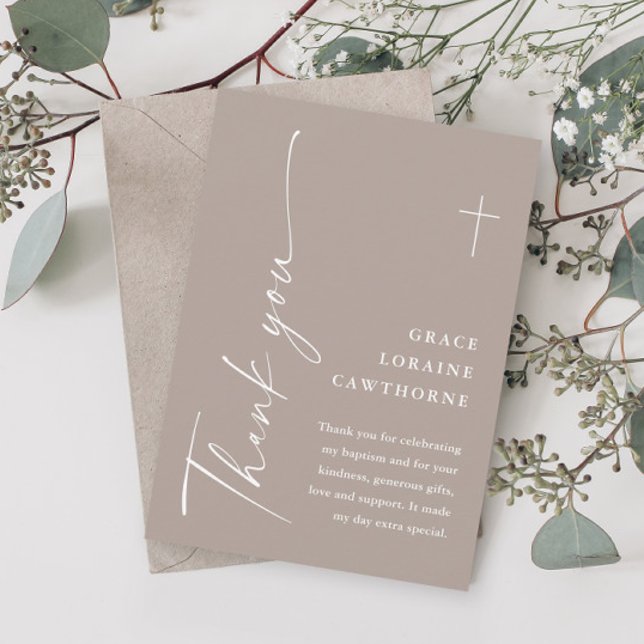 Carte De Remerciements Script moderne élégant Boho Baptême (Modern script tan baptism thank you cards.)