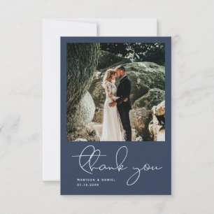 Carte De Remerciements Script moderne minimaliste photo Mariage bleu simp