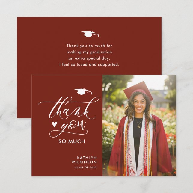 Carte De Remerciements Script moderne rouge élégant Photo Simple Graduati (Devant / Derrière)
