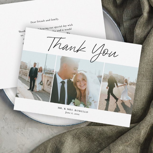 Carte De Remerciements Script moderne Simple 3 Mariage photo (Modern Script Wedding 3 Photo Thank You Cards.)