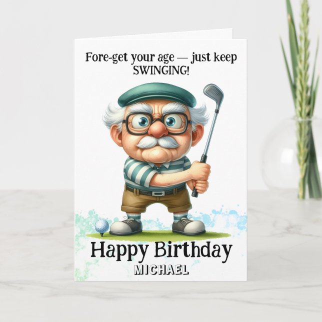 Carte De Remerciements *~* Senior Man Golf Swinging AP94 Anniversaire Car (Devant)
