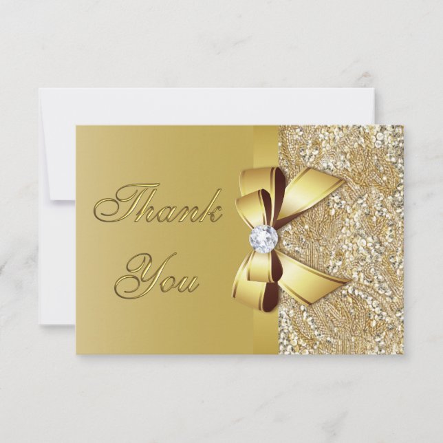 Carte De Remerciements Séquins d'or Faux Bow Mariage de diamant (Devant)