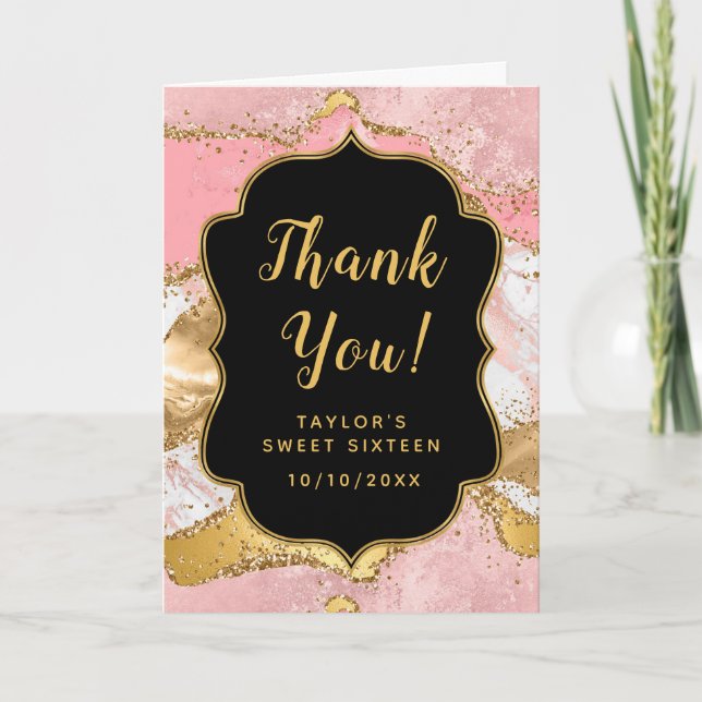 Carte De Remerciements Séquins or et rose Agate Sweet sixteen (Devant)