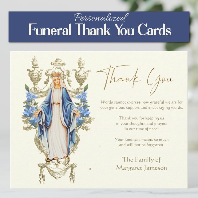 Carte De Remerciements Service funéraire religieux catholique Mary (Traditional Catholic Blessed Virgin Mary, Our Lady of Grace Funeral Thank you Condolence Cards)