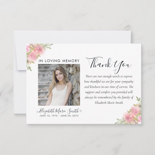 Carte De Remerciements Service funéraire rose Floral Aquarelle (Devant)