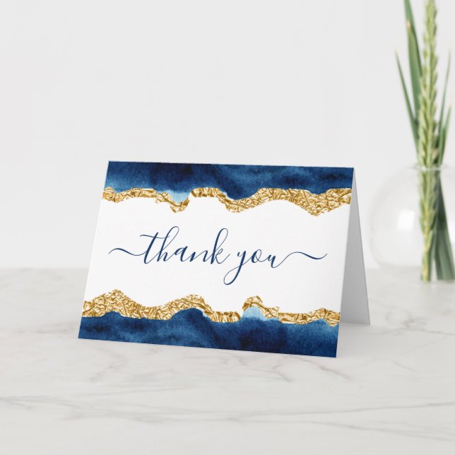 Carte De Remerciements Signature Script Marine Bleu Et Aquarelle Or (Devant)